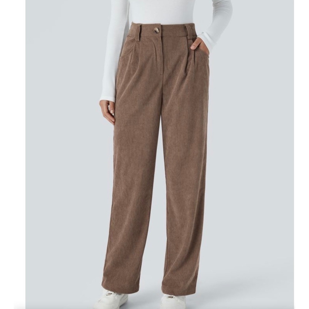 Halara AuraCord Cloud Brown Corduroy‎ High Waisted Wide Leg Pants Size M NWT